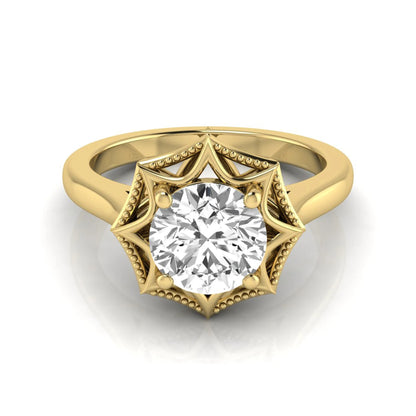 Round prong set lab grown diamond vintage solitaire engagement ring featuring a 1.28 carat round center diamond in an intricate starburst setting with milgrain detailing in yellow gold