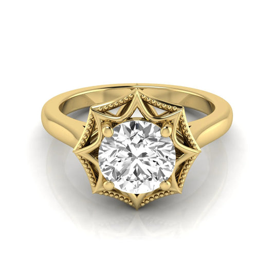 Round prong set lab grown diamond vintage solitaire engagement ring featuring a 1.28 carat round center diamond in an intricate starburst setting with milgrain detailing in yellow gold