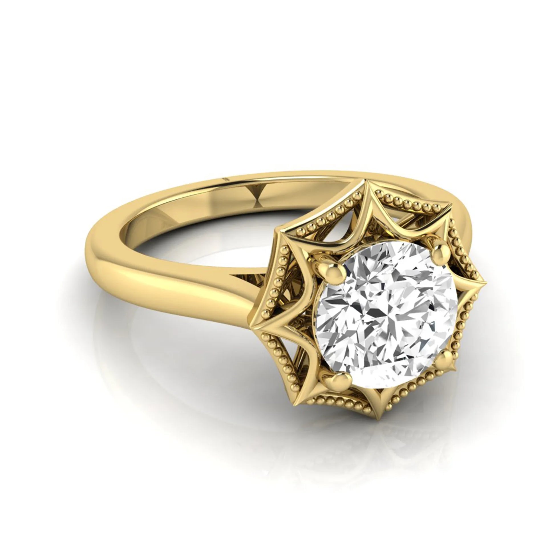 Round prong set lab grown diamond vintage solitaire engagement ring featuring a 1.28 carat round center diamond in an intricate starburst setting with milgrain detailing in yellow gold