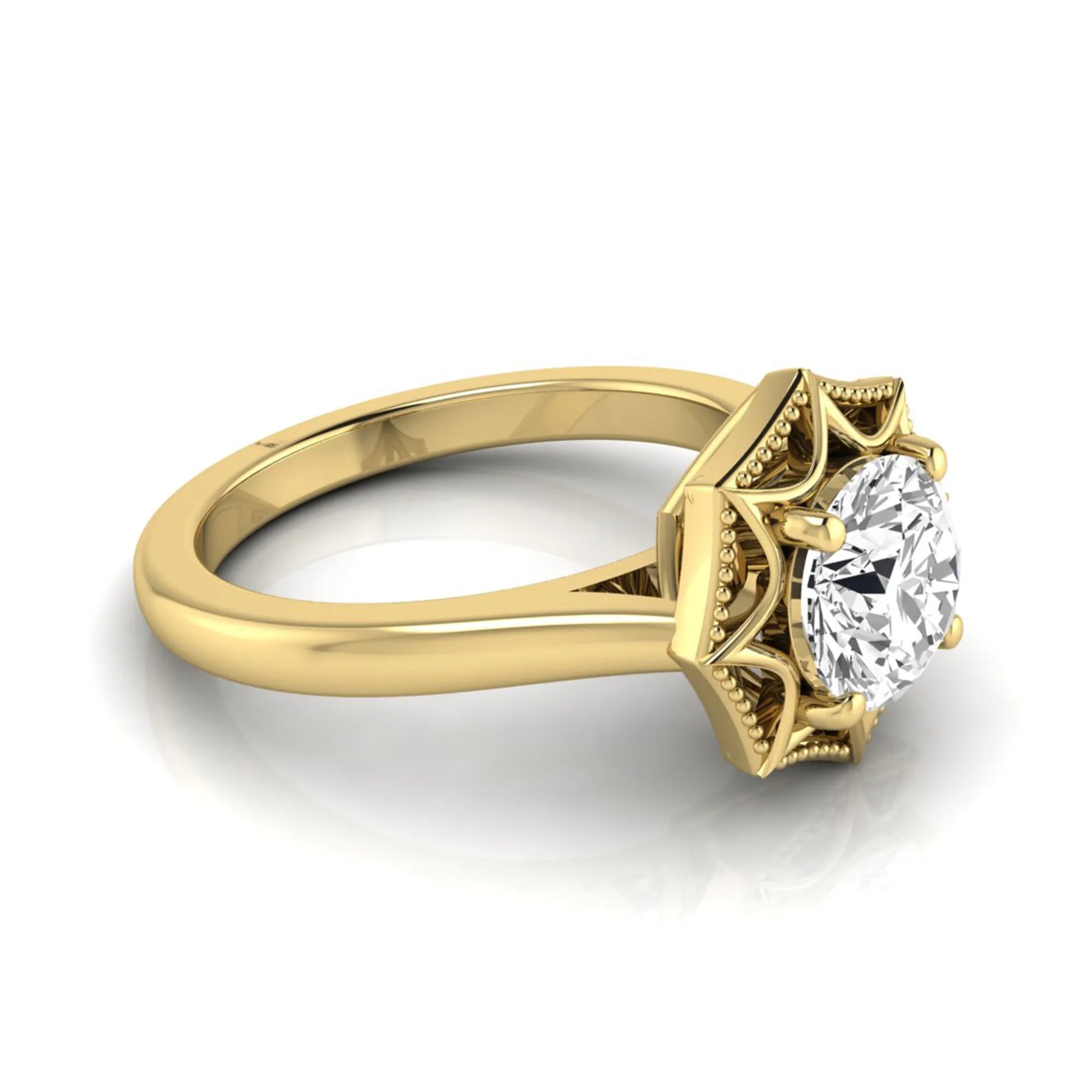 Round prong set lab grown diamond vintage solitaire engagement ring featuring a 1.28 carat round center diamond in an intricate starburst setting with milgrain detailing in yellow gold