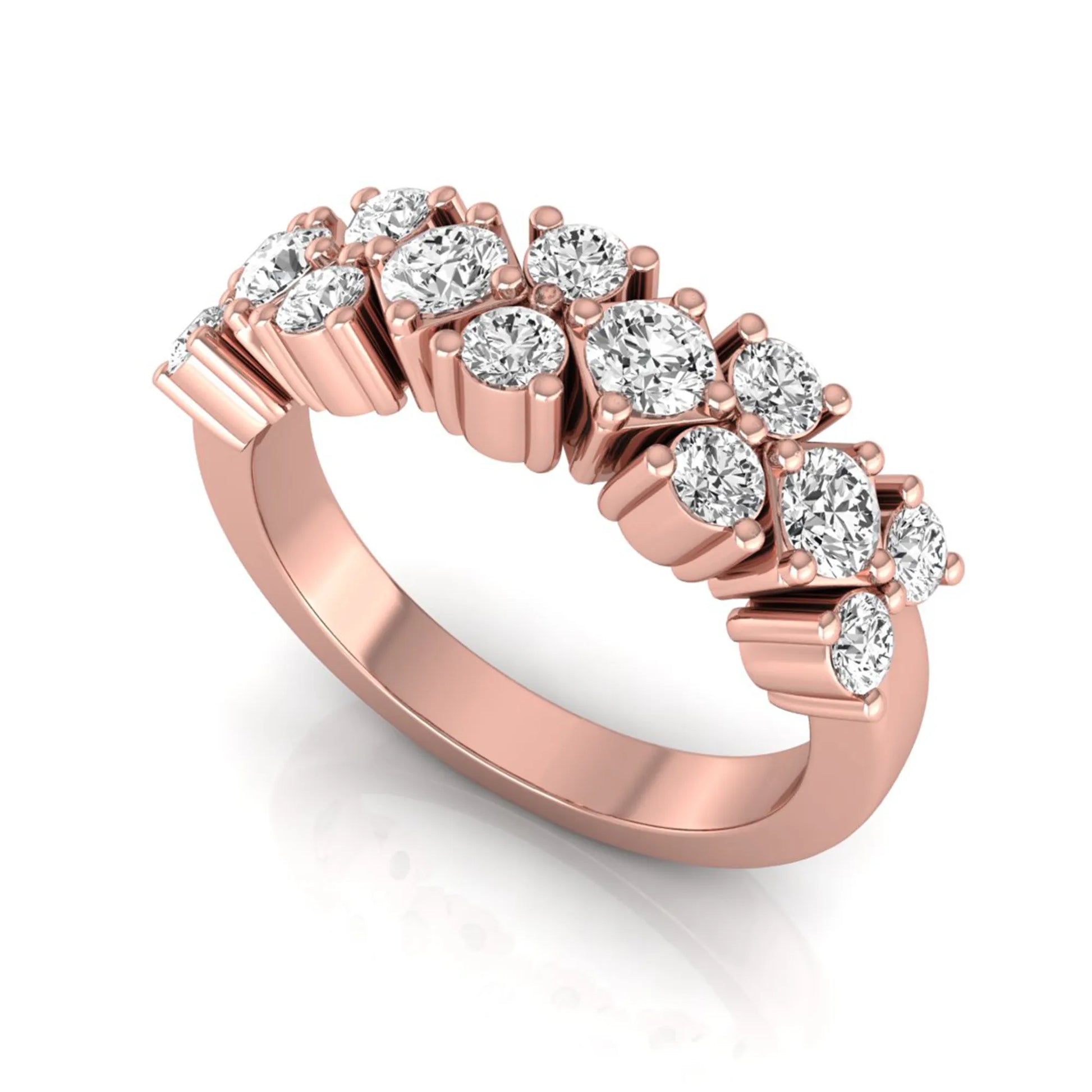 Round scalloped prong lab grown diamond graduated half eternity ring featuring alternating round brilliant diamonds in a rose gold tone design.