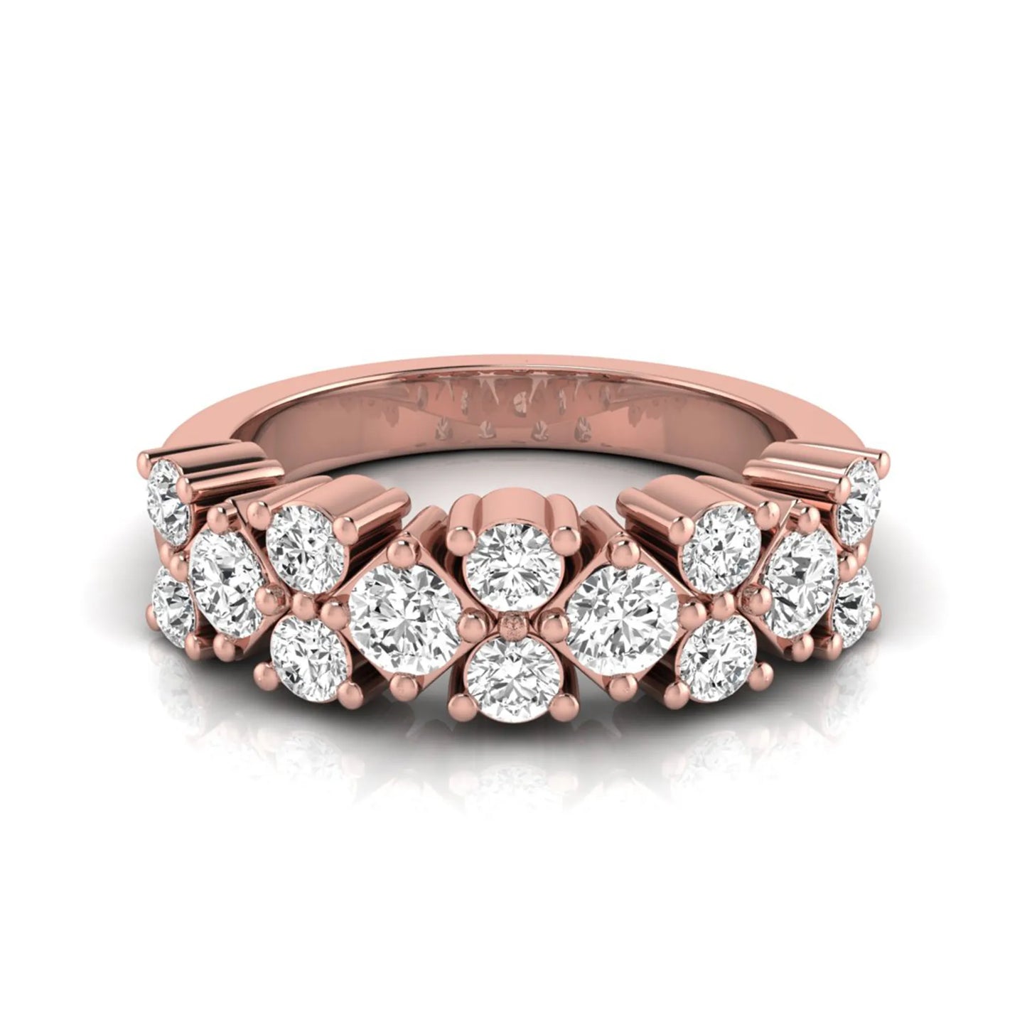 Round scalloped prong lab grown diamond graduated half eternity ring featuring alternating round brilliant diamonds in a rose gold tone design.