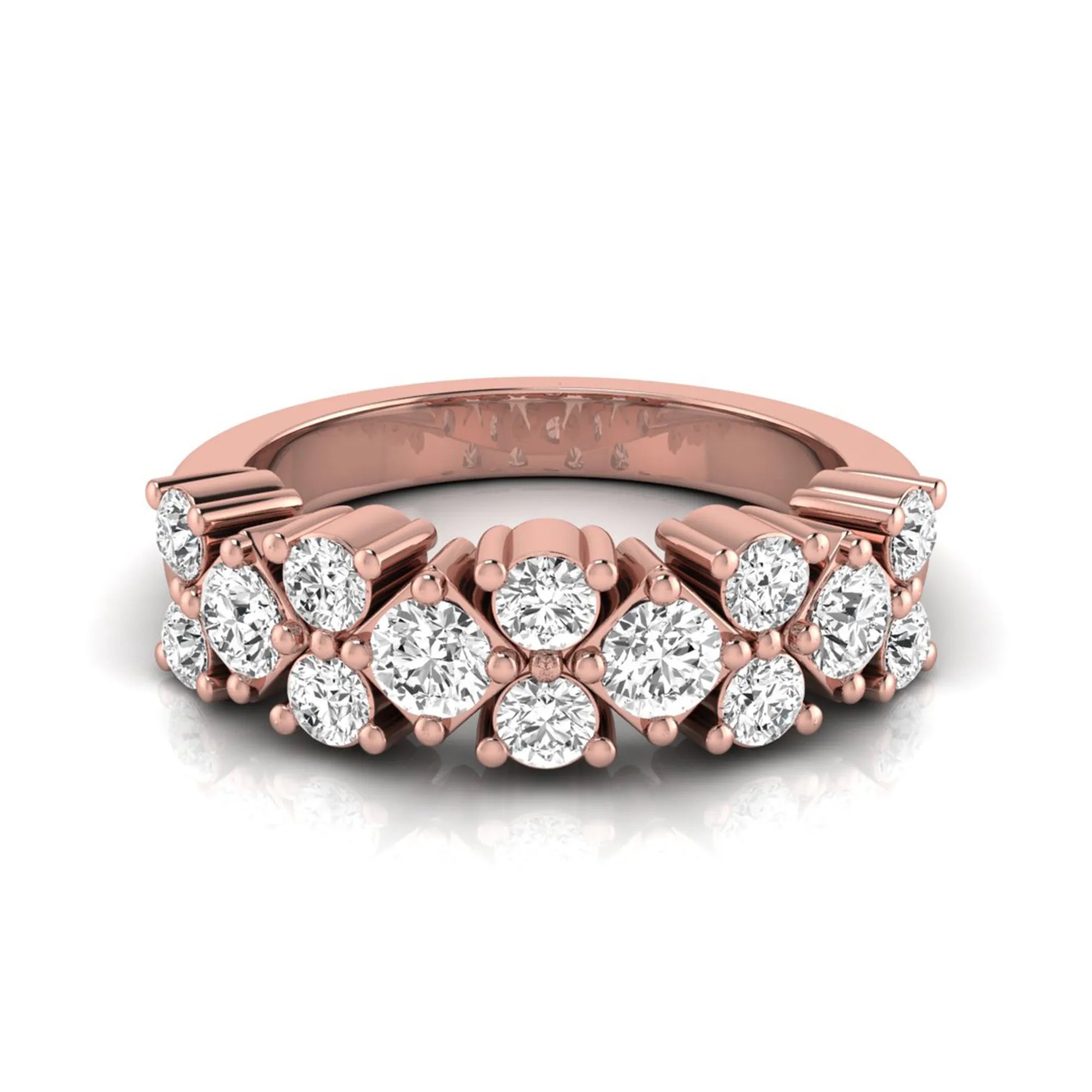Round scalloped prong lab grown diamond graduated half eternity ring featuring alternating round brilliant diamonds in a rose gold tone design.