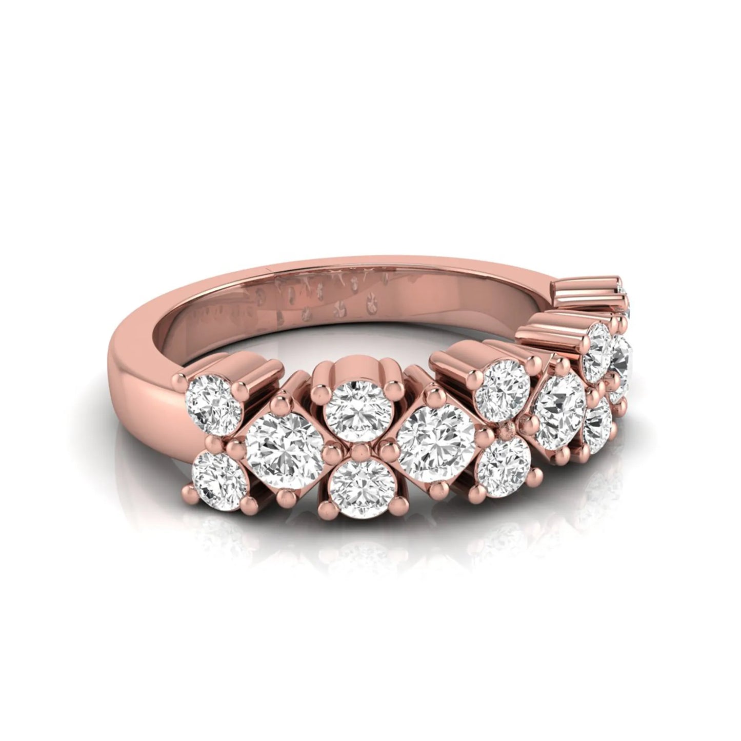 Round scalloped prong lab grown diamond graduated half eternity ring featuring alternating round brilliant diamonds in a rose gold tone design.