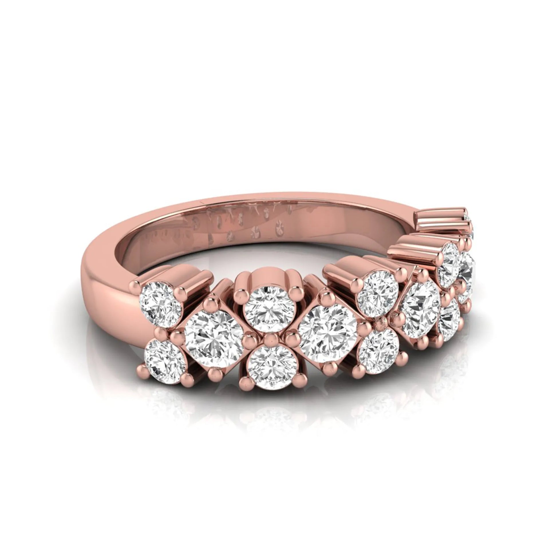Round scalloped prong lab grown diamond graduated half eternity ring featuring alternating round brilliant diamonds in a rose gold tone design.