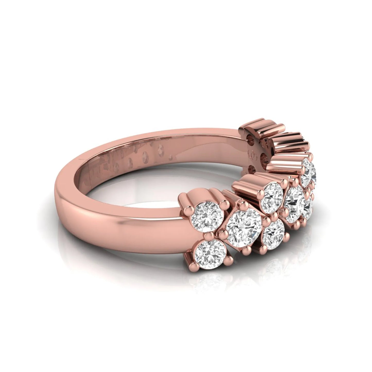Round scalloped prong lab grown diamond graduated half eternity ring featuring alternating round brilliant diamonds in a rose gold tone design.