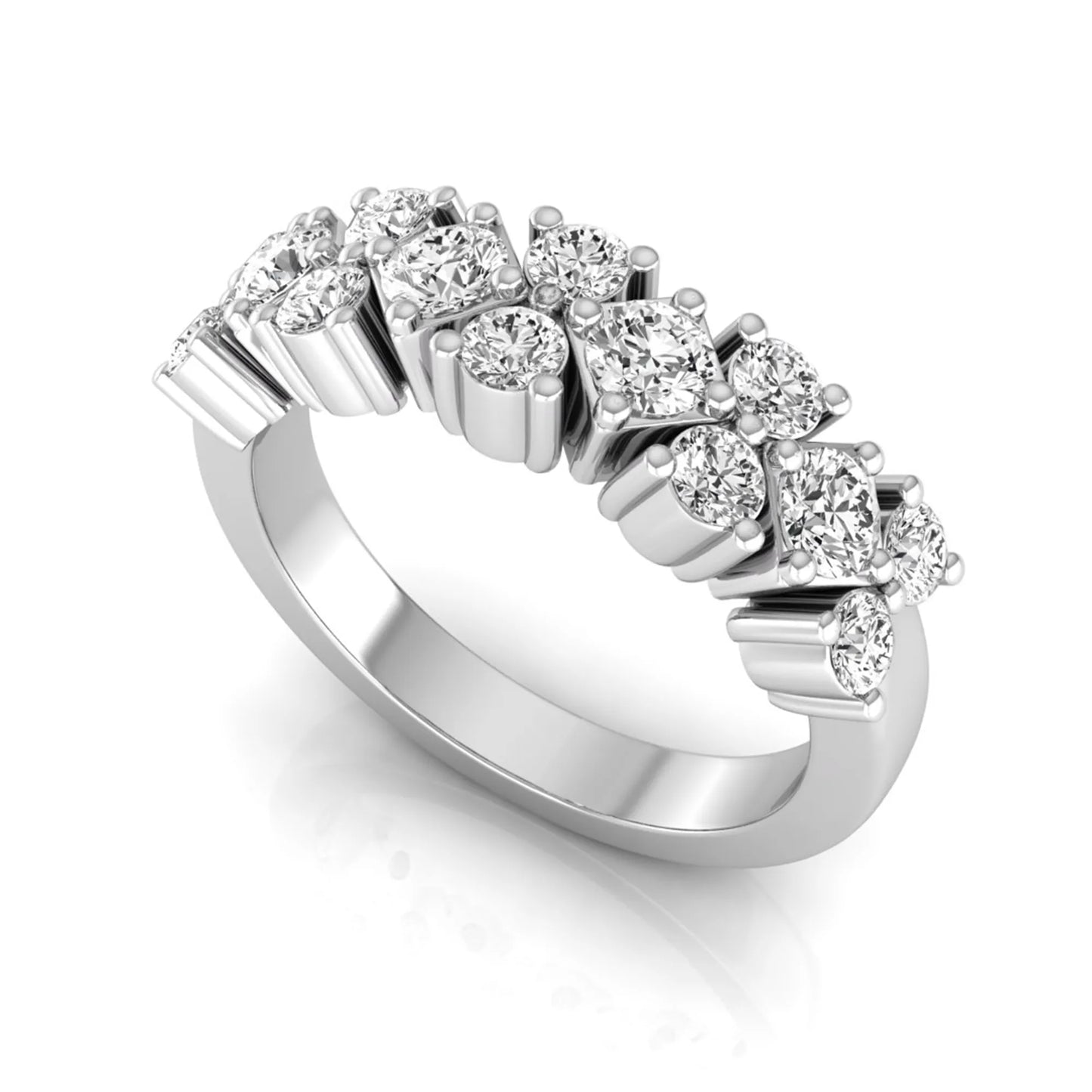 Round scalloped prong lab grown diamond graduated half eternity ring featuring alternating round brilliant diamonds in a white gold tone design.