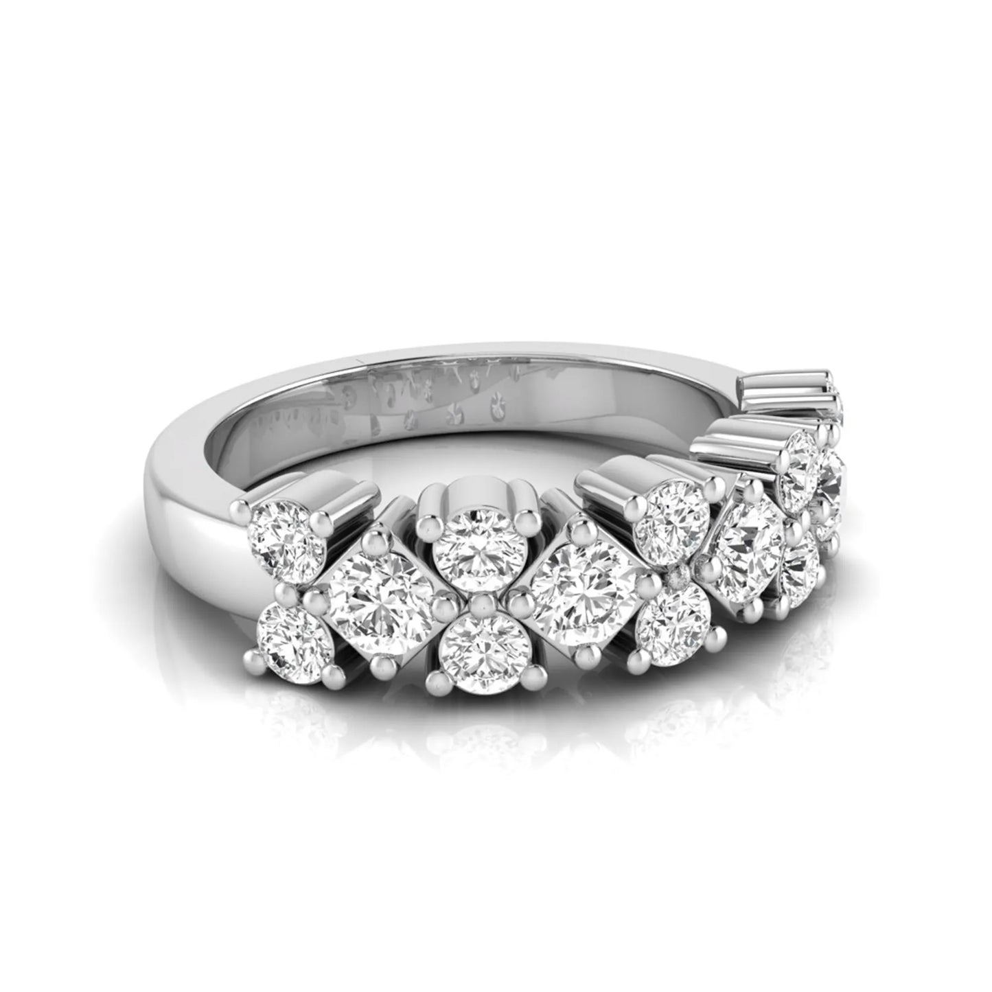 Round scalloped prong lab grown diamond graduated half eternity ring featuring alternating round brilliant diamonds in a white gold tone design.