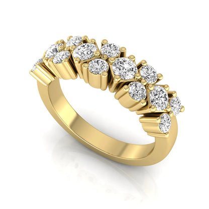 Round scalloped prong lab grown diamond graduated half eternity ring featuring alternating round brilliant diamonds in a yellow gold tone design.