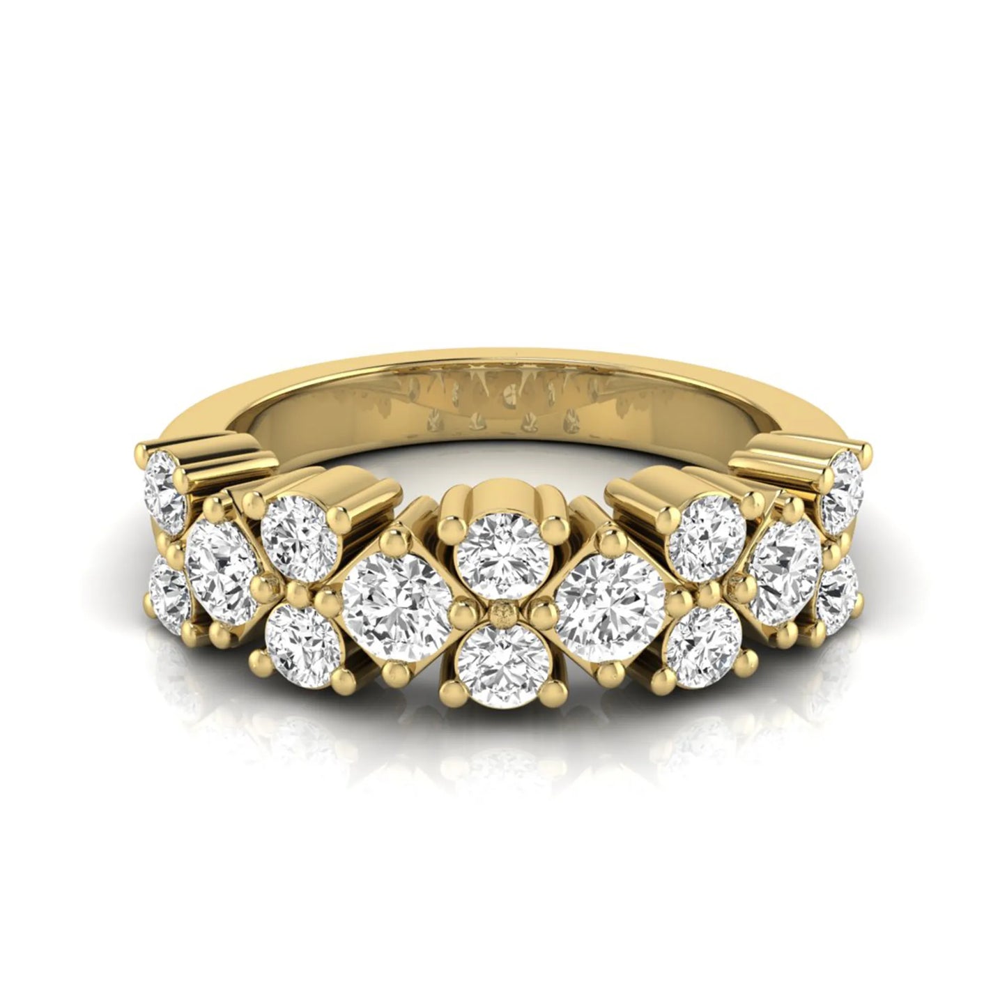 Round scalloped prong lab grown diamond graduated half eternity ring featuring alternating round brilliant diamonds in a yellow gold tone design.