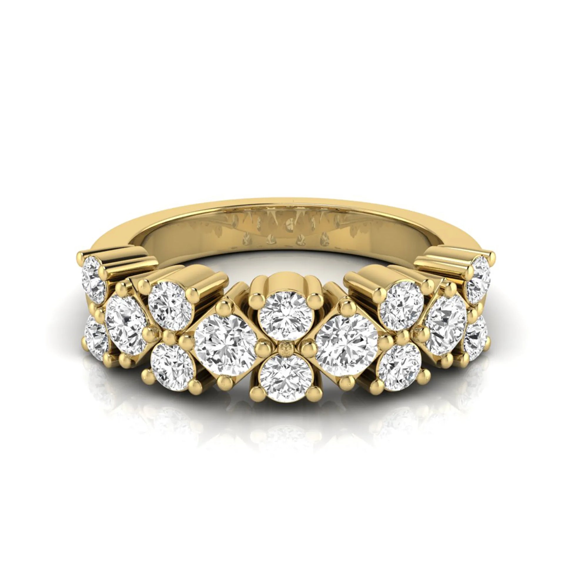 Round scalloped prong lab grown diamond graduated half eternity ring featuring alternating round brilliant diamonds in a yellow gold tone design.