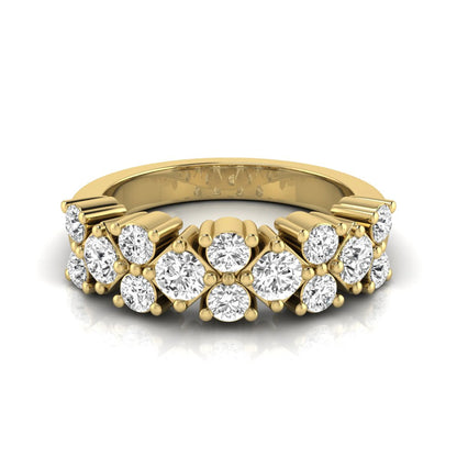 Round scalloped prong lab grown diamond graduated half eternity ring featuring alternating round brilliant diamonds in a yellow gold tone design.