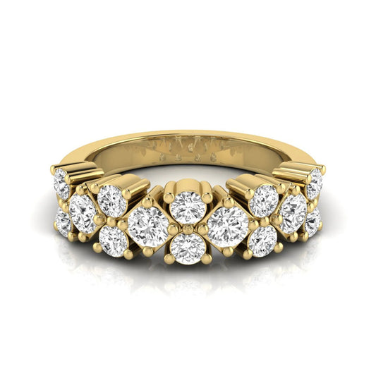 Round scalloped prong lab grown diamond graduated half eternity ring featuring alternating round brilliant diamonds in a yellow gold tone design.