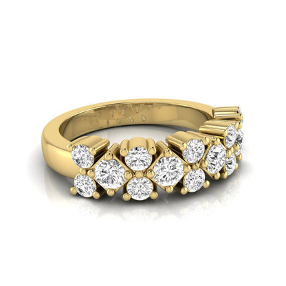 Round scalloped prong lab grown diamond graduated half eternity ring featuring alternating round brilliant diamonds in a yellow gold tone design.