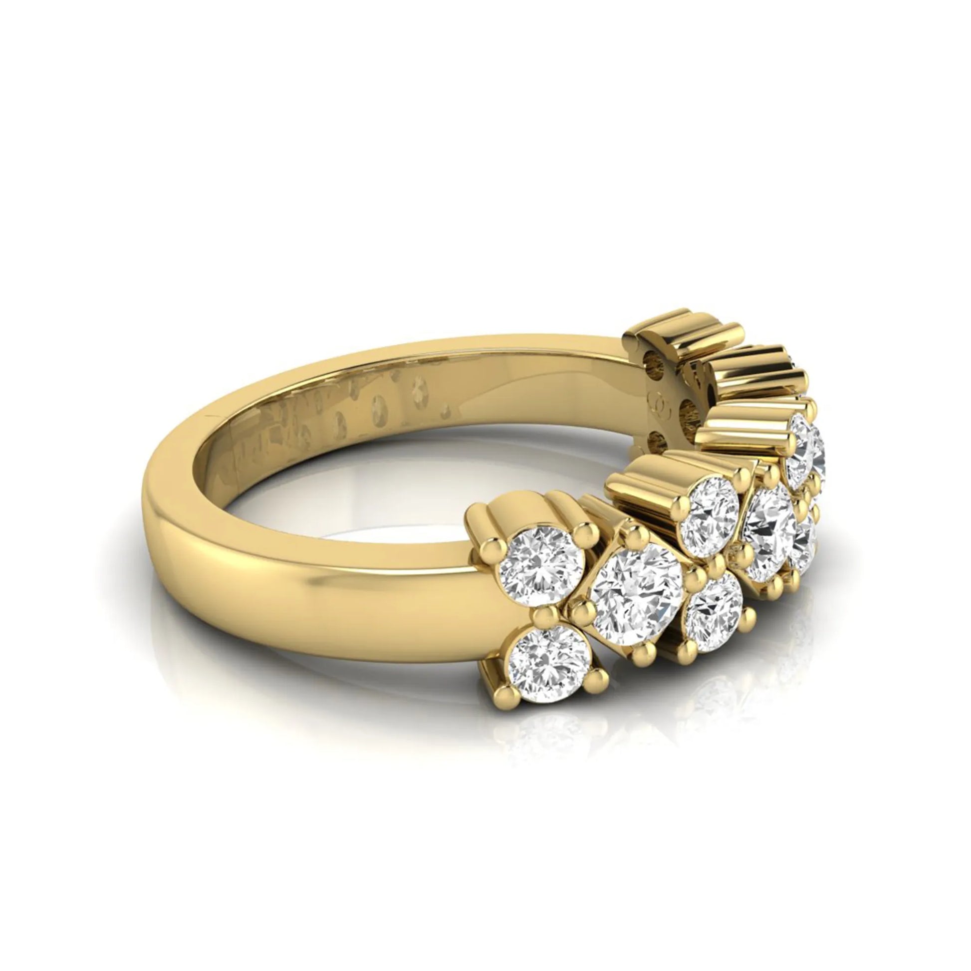 Round scalloped prong lab grown diamond graduated half eternity ring featuring alternating round brilliant diamonds in a yellow gold tone design.
