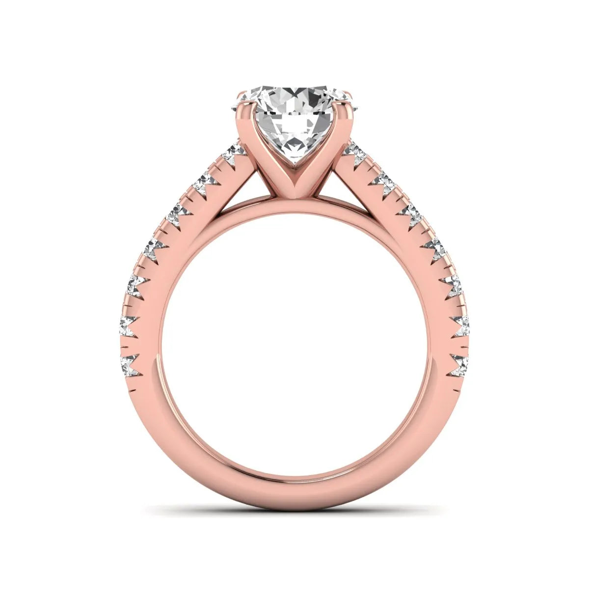 IGI Certified 1.55 carat round cut lab grown diamond engagement ring with round side stone accents in rose gold.
