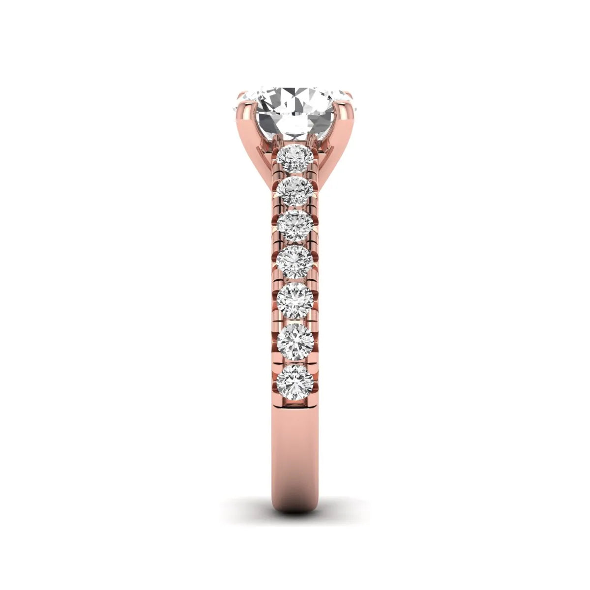 IGI Certified 1.55 carat round cut lab grown diamond engagement ring with round side stone accents in rose gold.