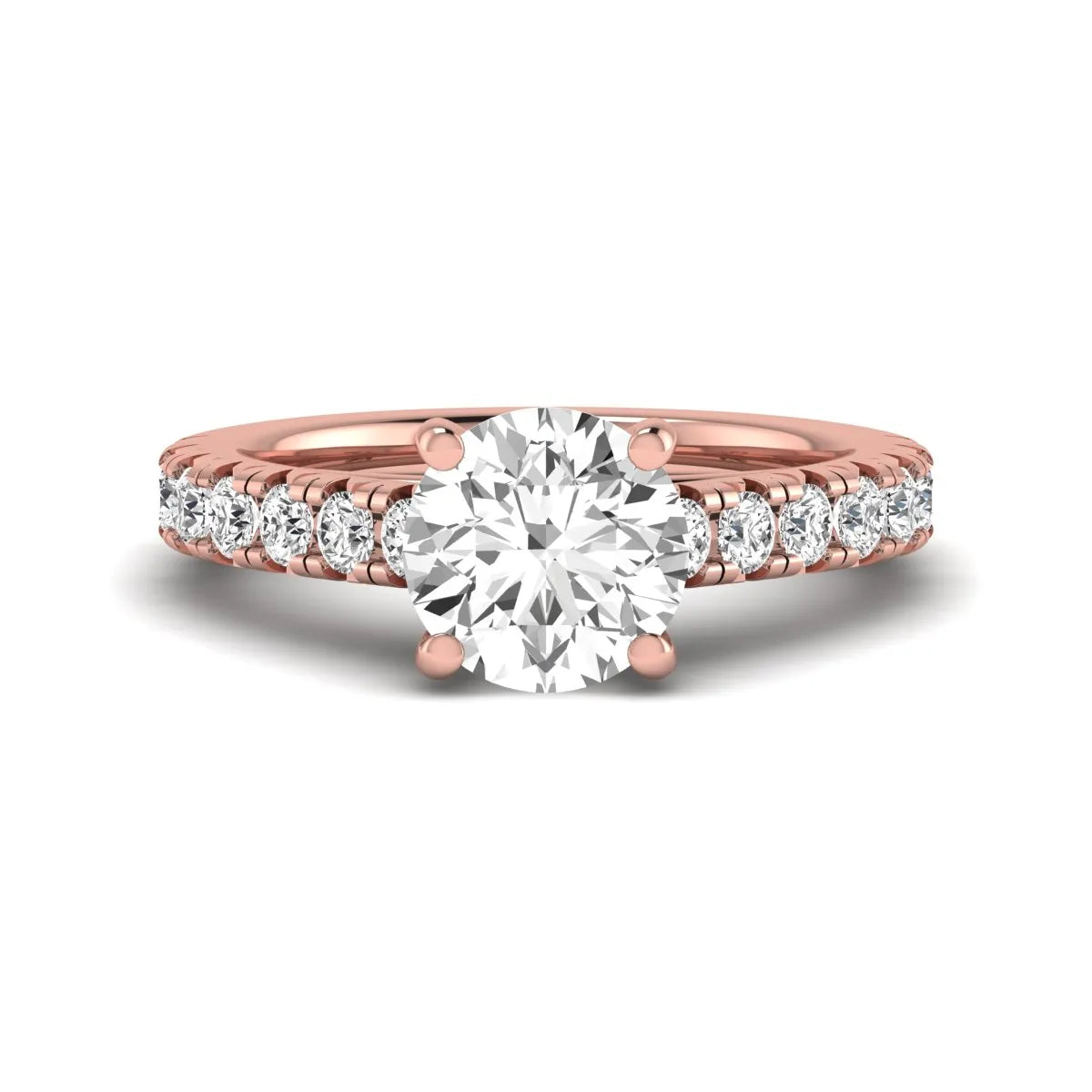 IGI Certified 1.55 carat round cut lab grown diamond engagement ring with round side stone accents in rose gold.