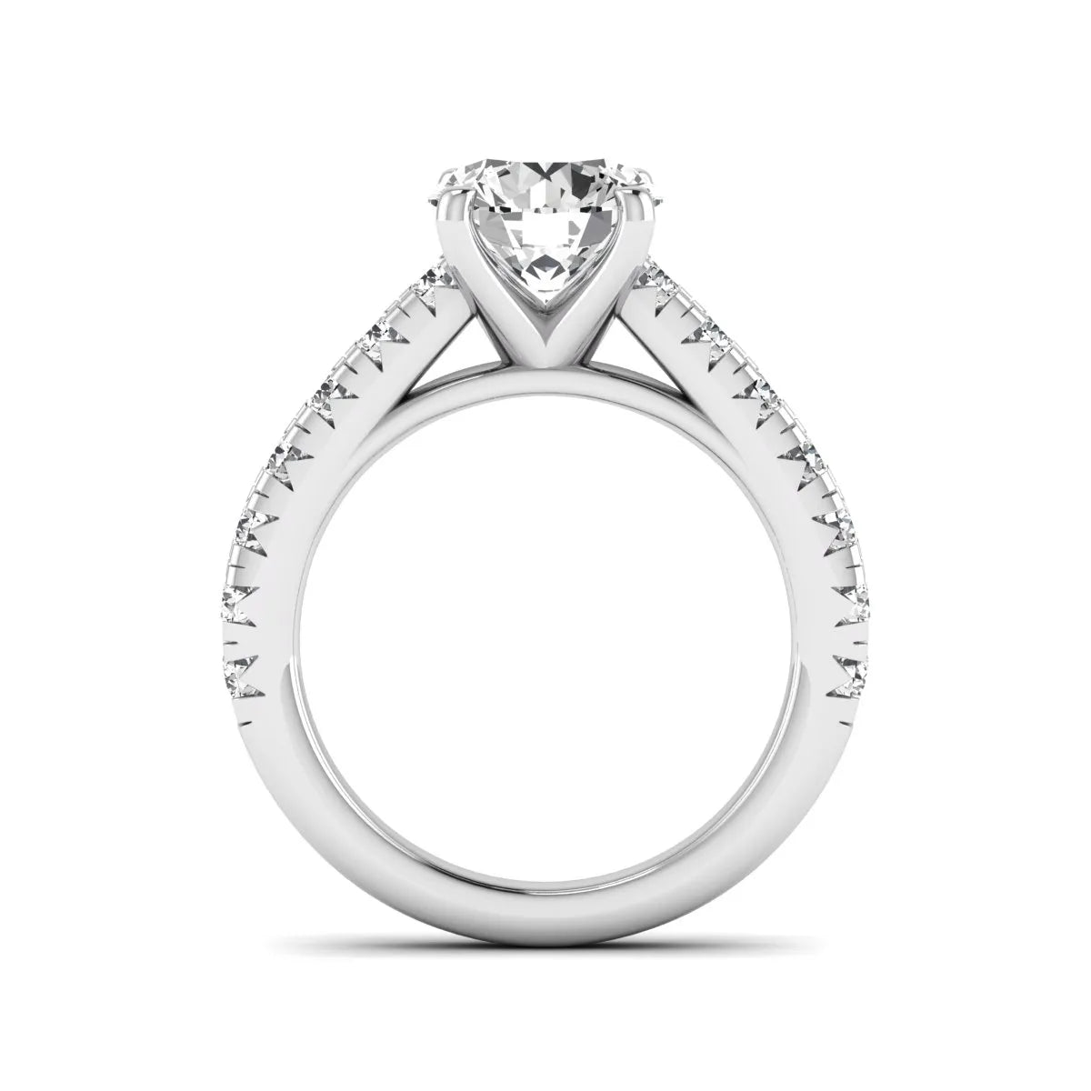 IGI Certified 1.55 carat round cut lab grown diamond engagement ring with round side stone accents in white gold.
