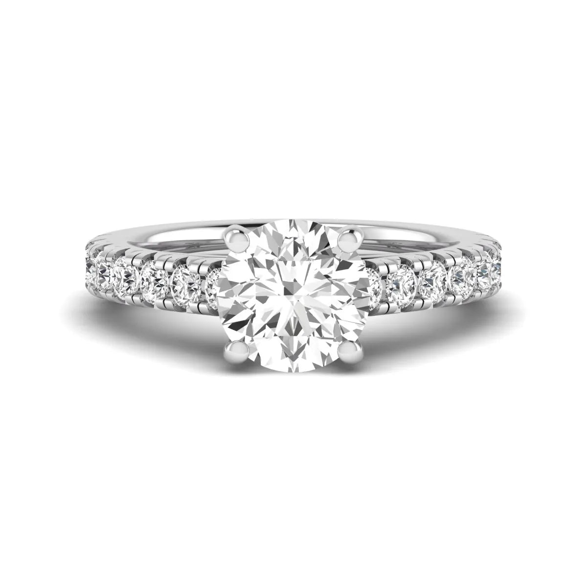 IGI Certified 1.55 carat round cut lab grown diamond engagement ring with round side stone accents in white gold.