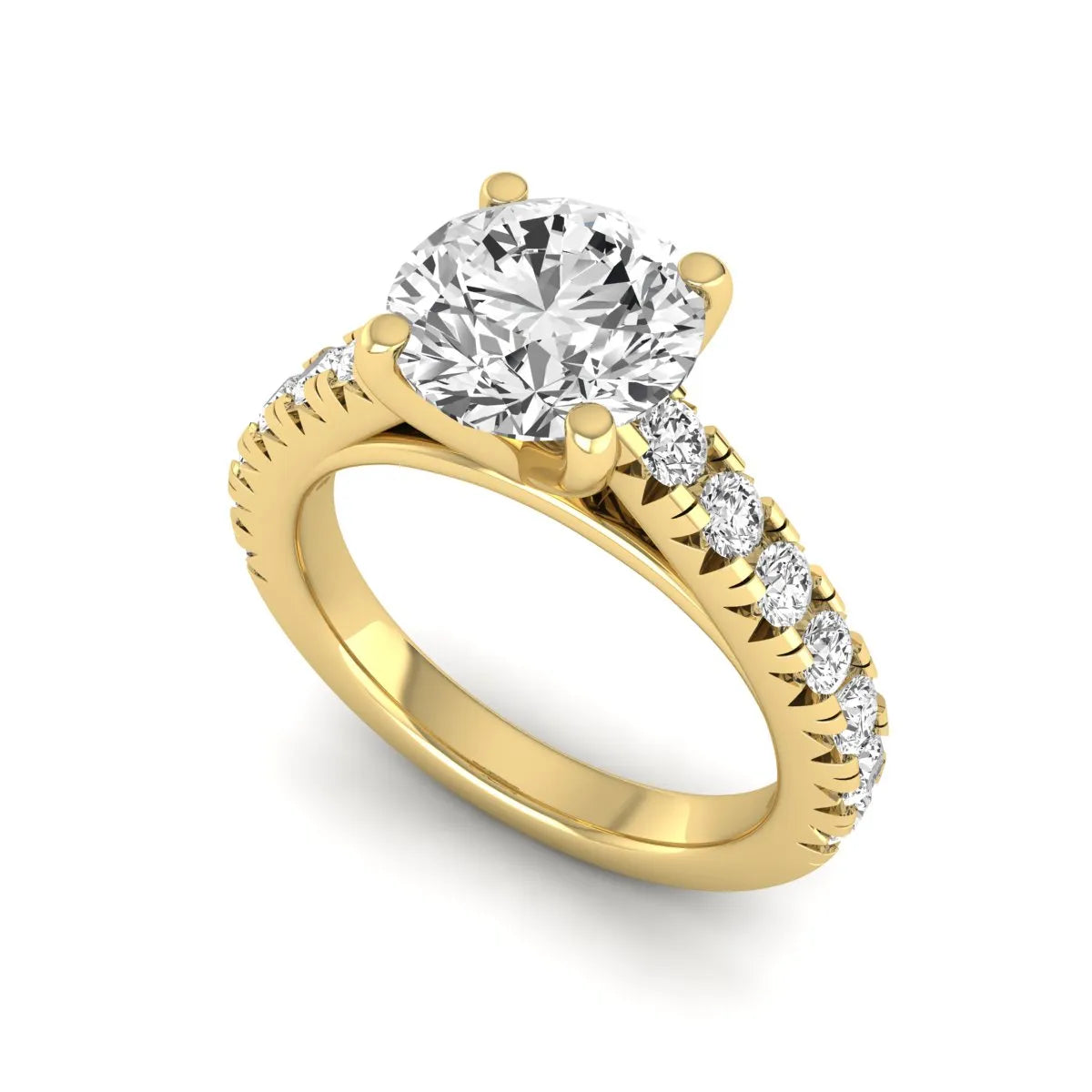IGI Certified 1.55 carat round cut lab grown diamond engagement ring with round side stone accents in yellow gold.