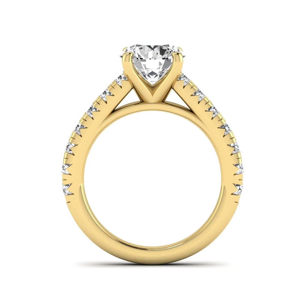IGI Certified 1.55 carat round cut lab grown diamond engagement ring with round side stone accents in yellow gold.