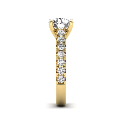IGI Certified 1.55 carat round cut lab grown diamond engagement ring with round side stone accents in yellow gold.