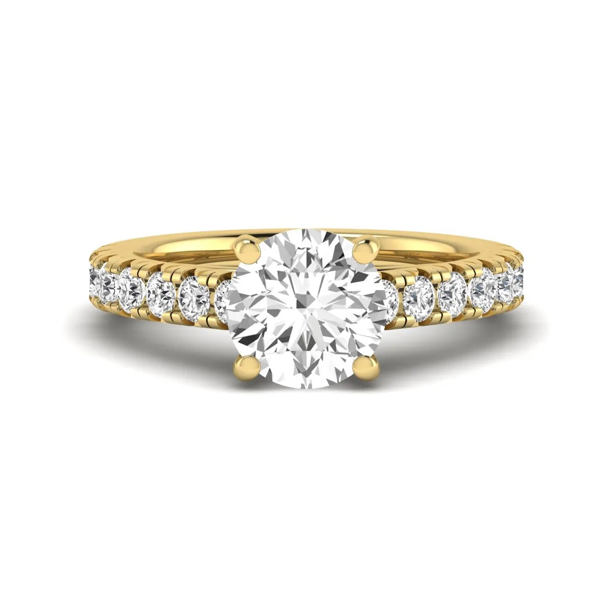 IGI Certified 1.55 carat round cut lab grown diamond engagement ring with round side stone accents in yellow gold.