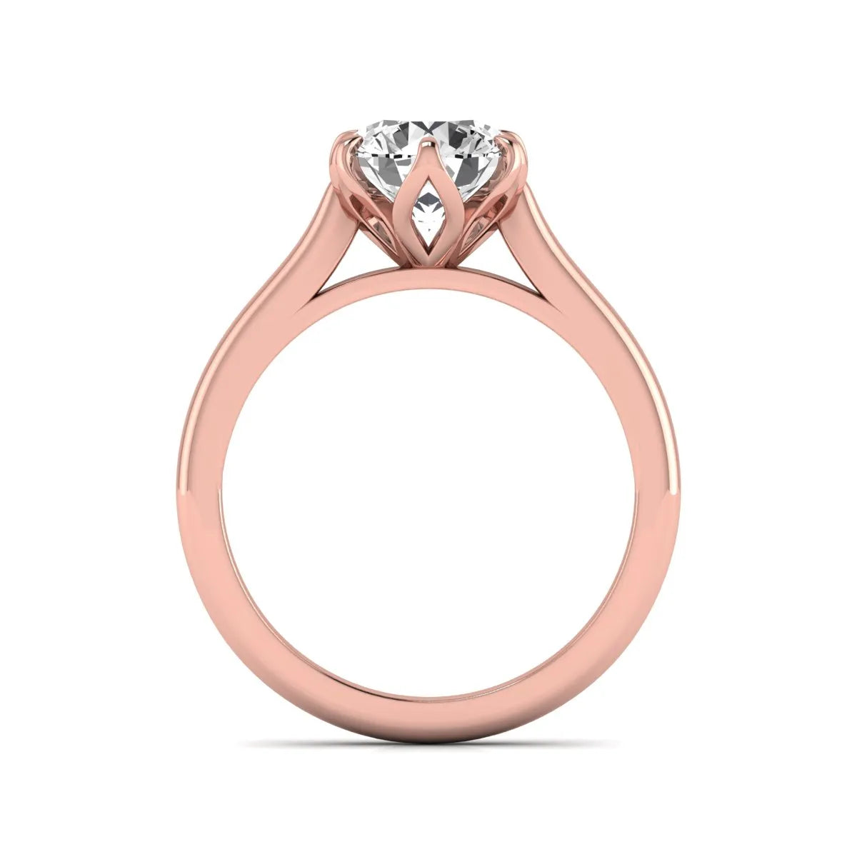 Round cut lab grown diamond solitaire engagement ring featuring a classic six-prong setting in rose gold tone design.