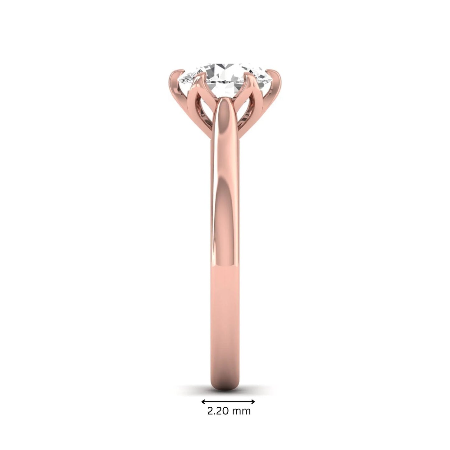 Round cut lab grown diamond solitaire engagement ring featuring a classic six-prong setting in rose gold tone design.