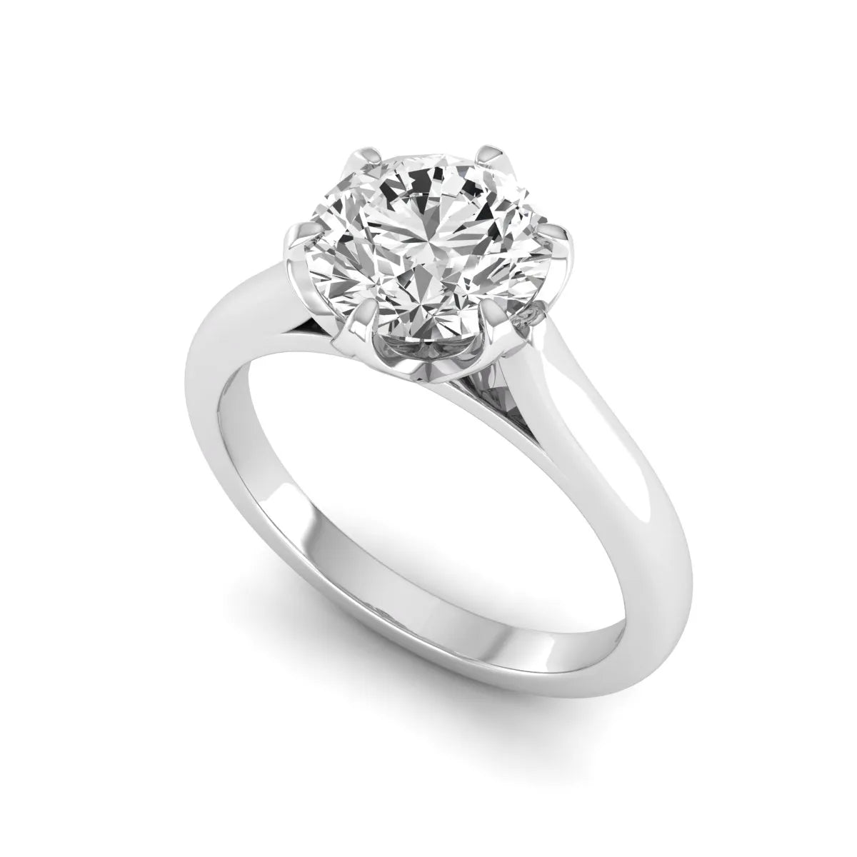 Round cut lab grown diamond solitaire engagement ring featuring a classic six-prong setting in white gold tone design.