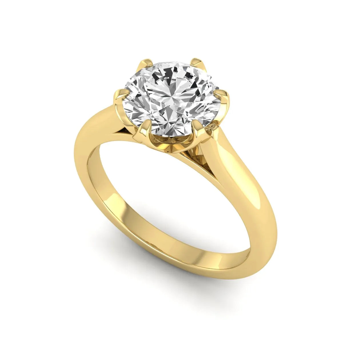Round cut lab grown diamond solitaire engagement ring featuring a classic six-prong setting in yellow gold tone design.