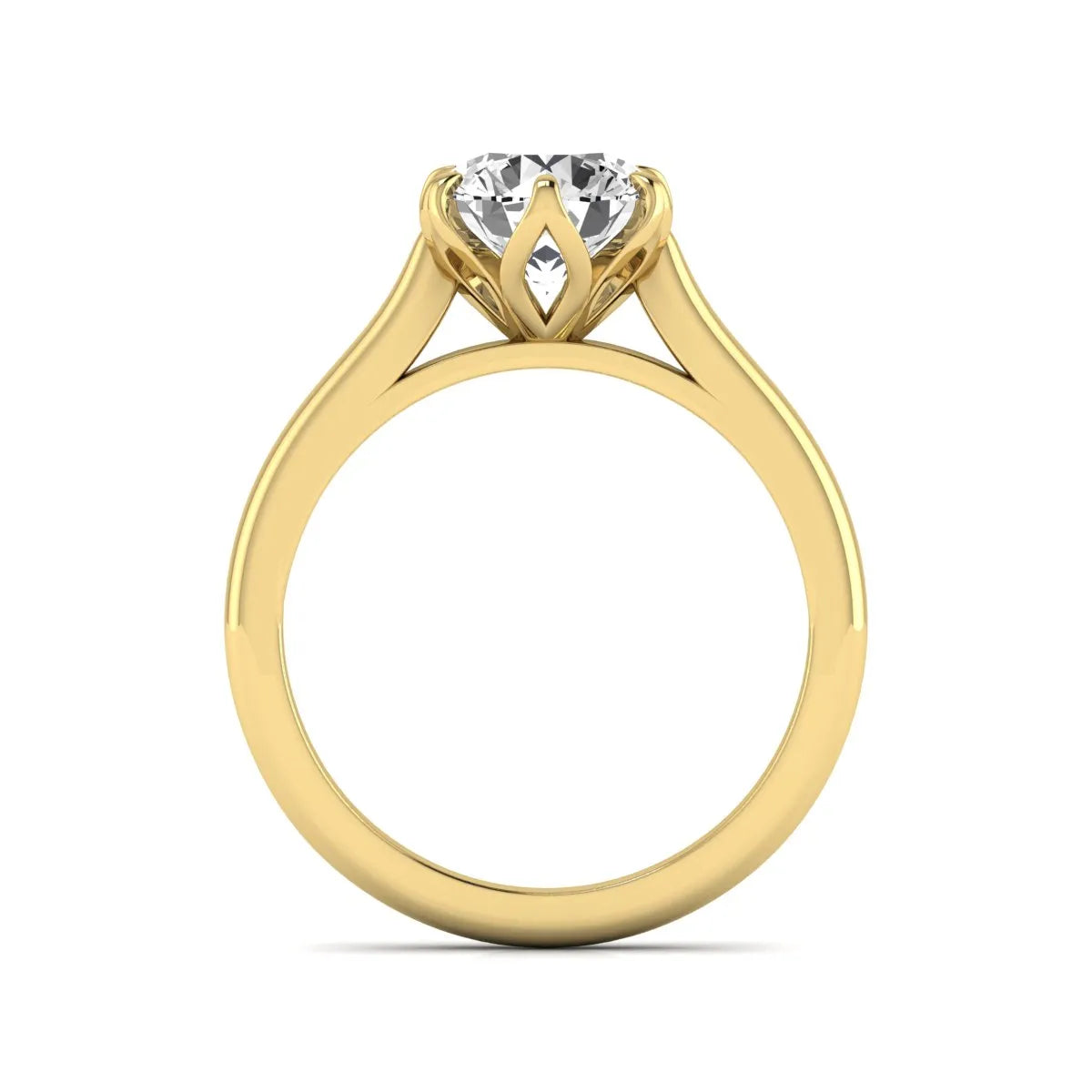 Round cut lab grown diamond solitaire engagement ring featuring a classic six-prong setting in yellow gold tone design.