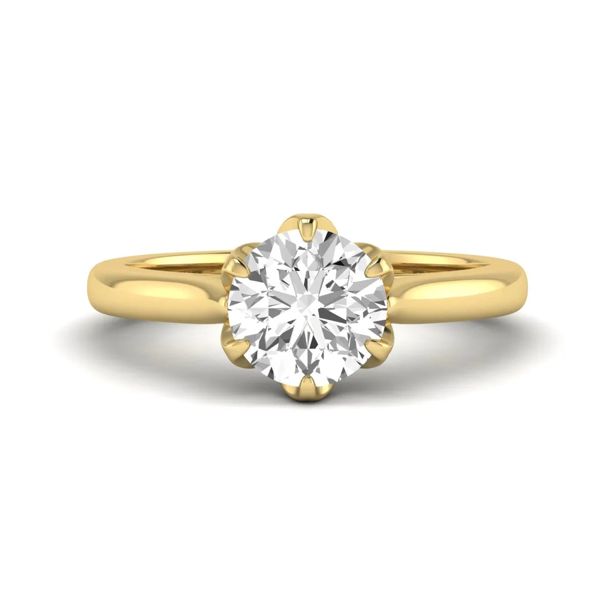 Round cut lab grown diamond solitaire engagement ring featuring a classic six-prong setting in yellow gold tone design.