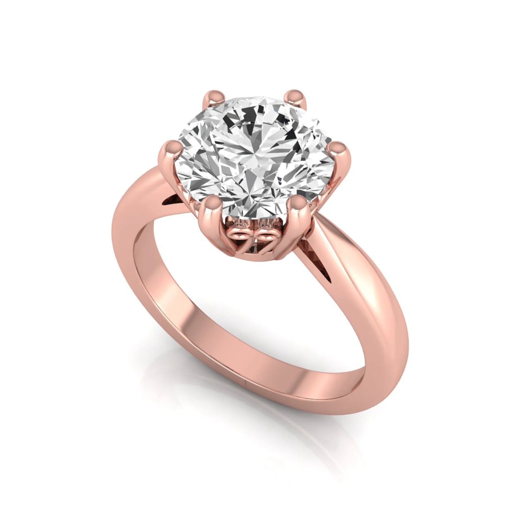 Round cut lab grown diamond solitaire engagement ring featuring a classic six-prong setting with a polished rose gold finish band.