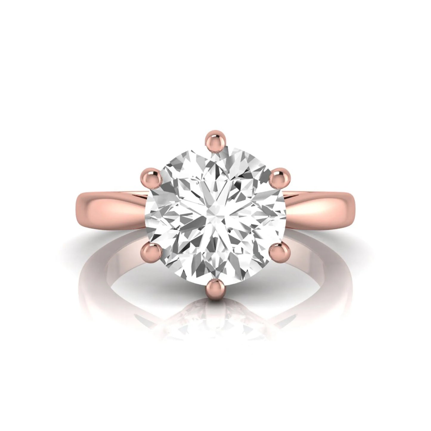 Round cut lab grown diamond solitaire engagement ring featuring a classic six-prong setting with a polished rose gold finish band.