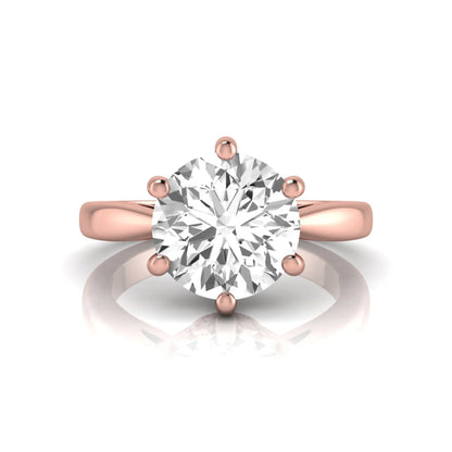 Round cut lab grown diamond solitaire engagement ring featuring a classic six-prong setting with a polished rose gold finish band.