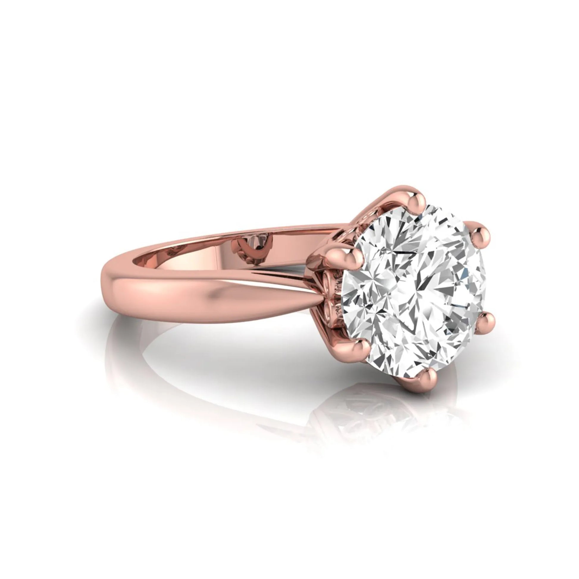 Round cut lab grown diamond solitaire engagement ring featuring a classic six-prong setting with a polished rose gold finish band.