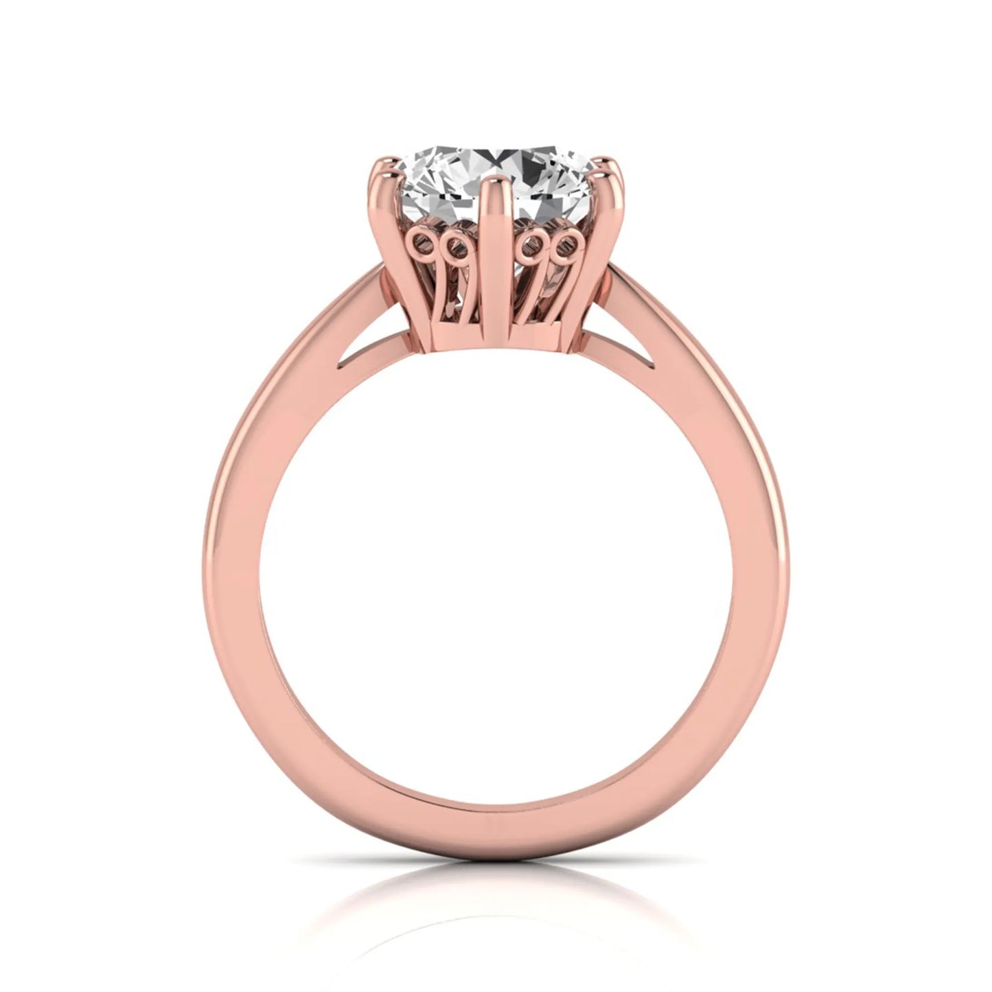 Round cut lab grown diamond solitaire engagement ring featuring a classic six-prong setting with a polished rose gold finish band.