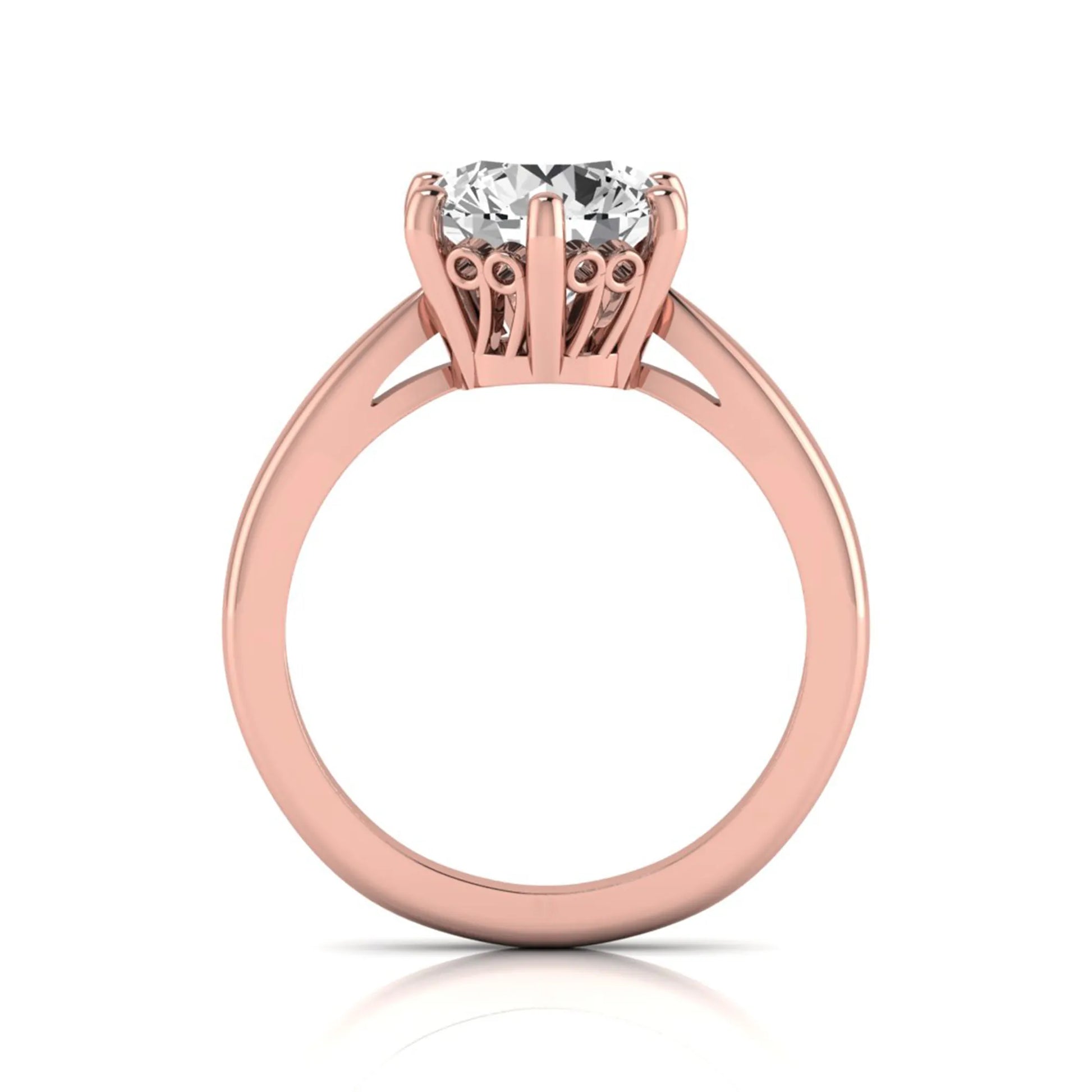 Round cut lab grown diamond solitaire engagement ring featuring a classic six-prong setting with a polished rose gold finish band.