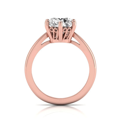 Round cut lab grown diamond solitaire engagement ring featuring a classic six-prong setting with a polished rose gold finish band.