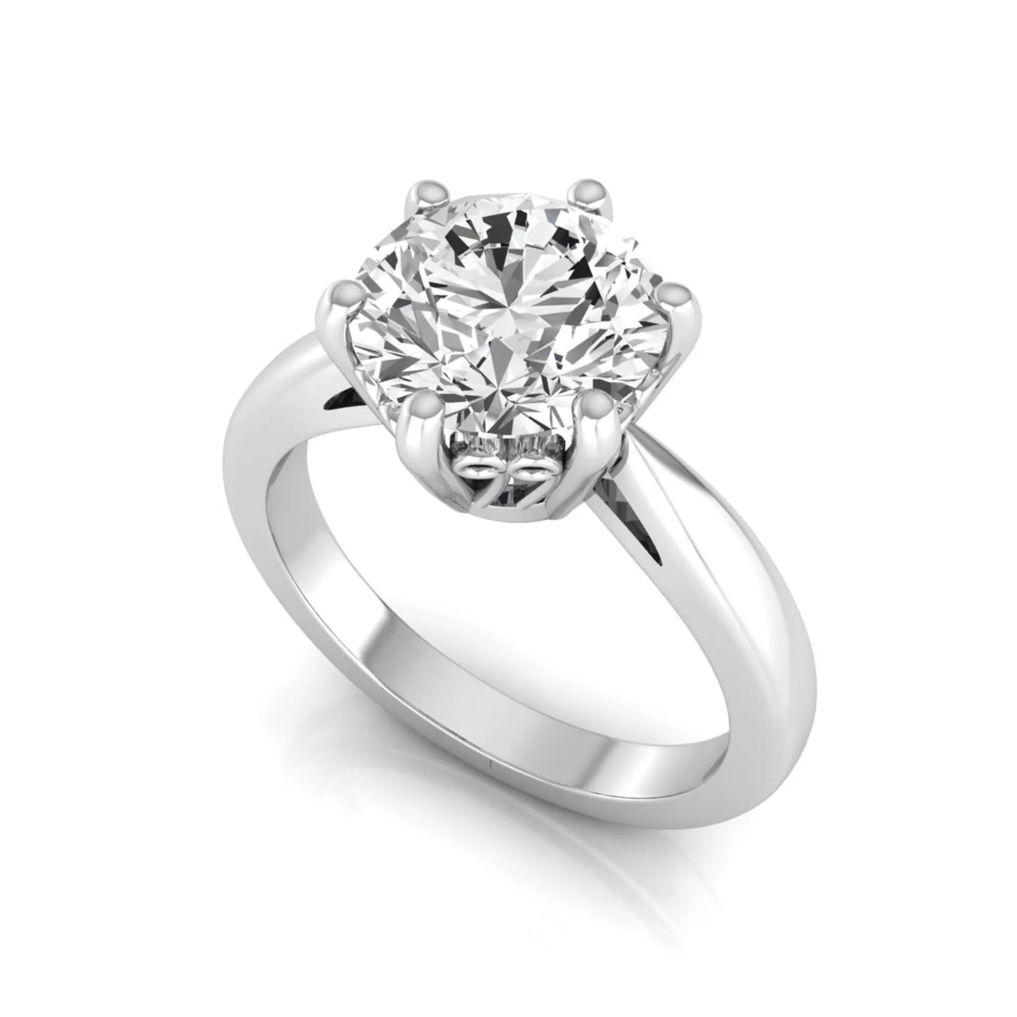 Round cut lab grown diamond solitaire engagement ring featuring a classic six-prong setting with a polished white gold finish band.