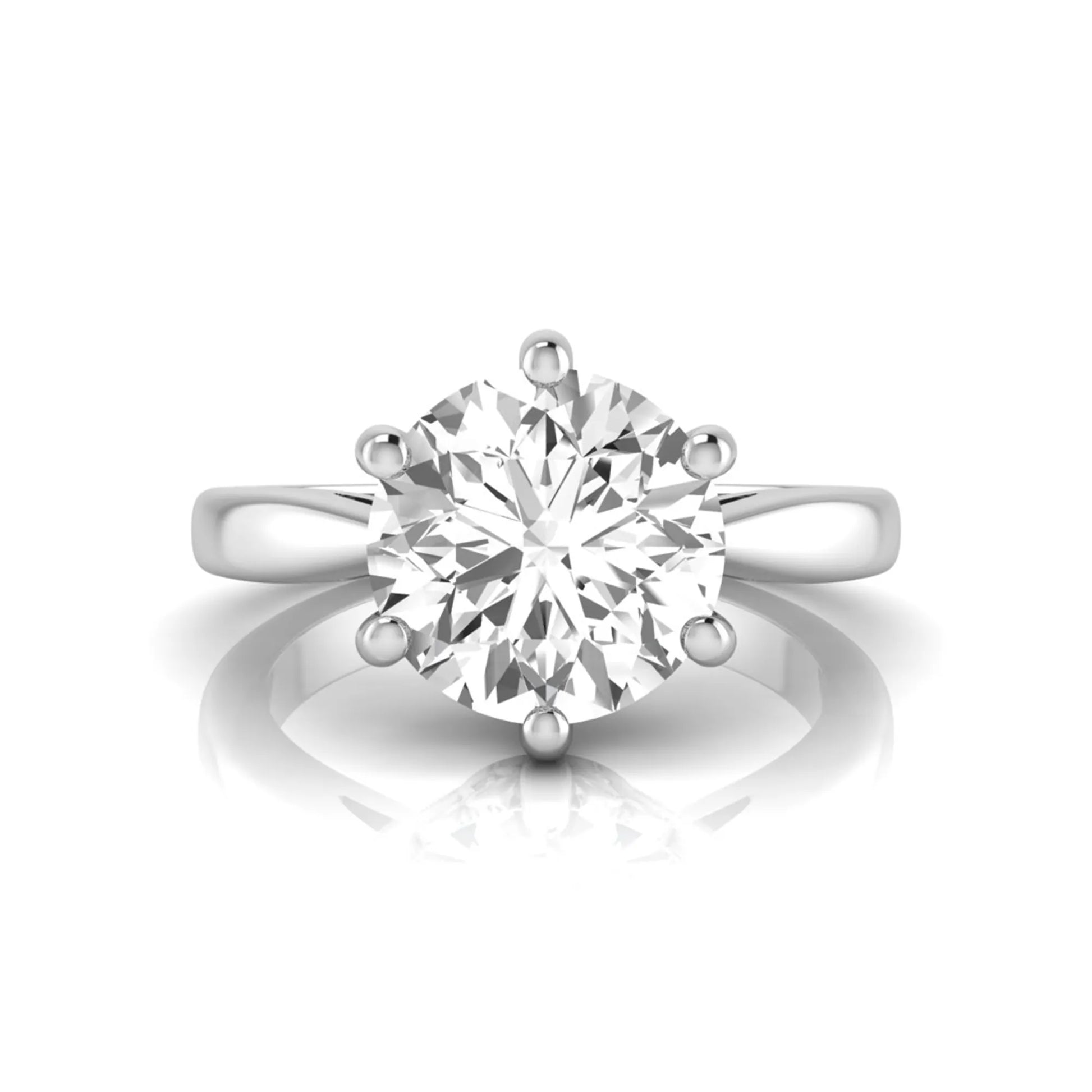 Round cut lab grown diamond solitaire engagement ring featuring a classic six-prong setting with a polished white gold finish band.