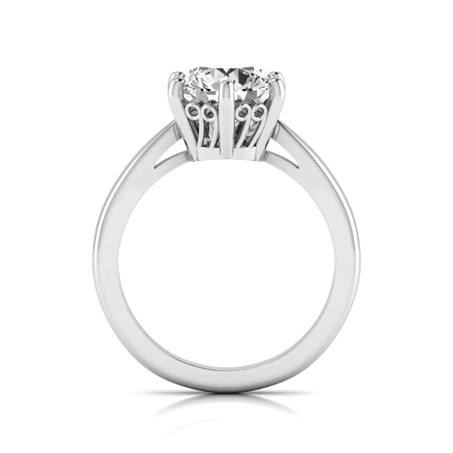 Round cut lab grown diamond solitaire engagement ring featuring a classic six-prong setting with a polished white gold finish band.