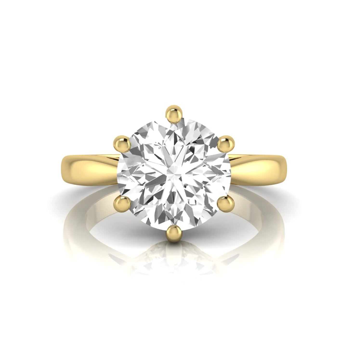 Round cut lab grown diamond solitaire engagement ring featuring a classic six-prong setting with a polished yellow gold finish band.
