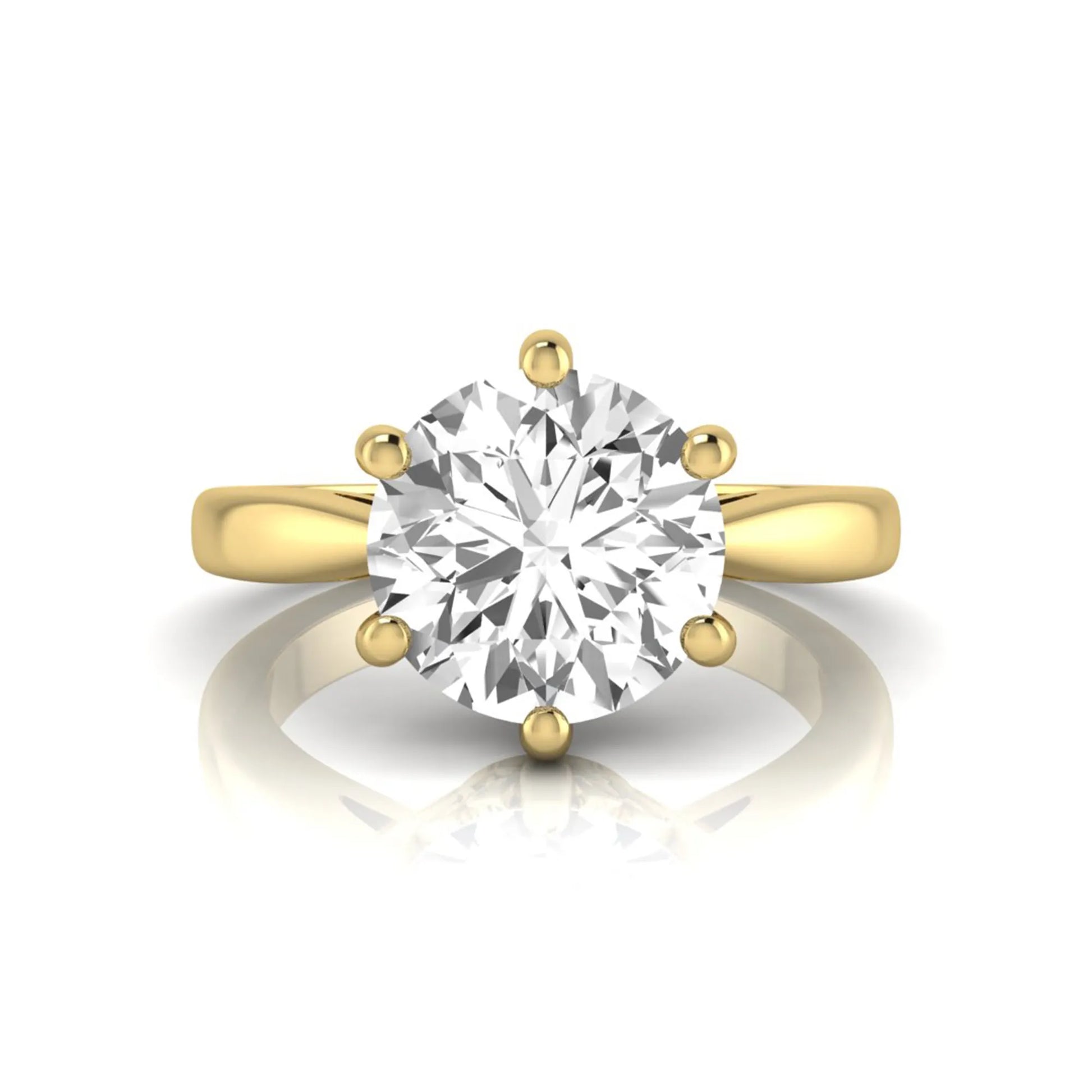 Round cut lab grown diamond solitaire engagement ring featuring a classic six-prong setting with a polished yellow gold finish band.