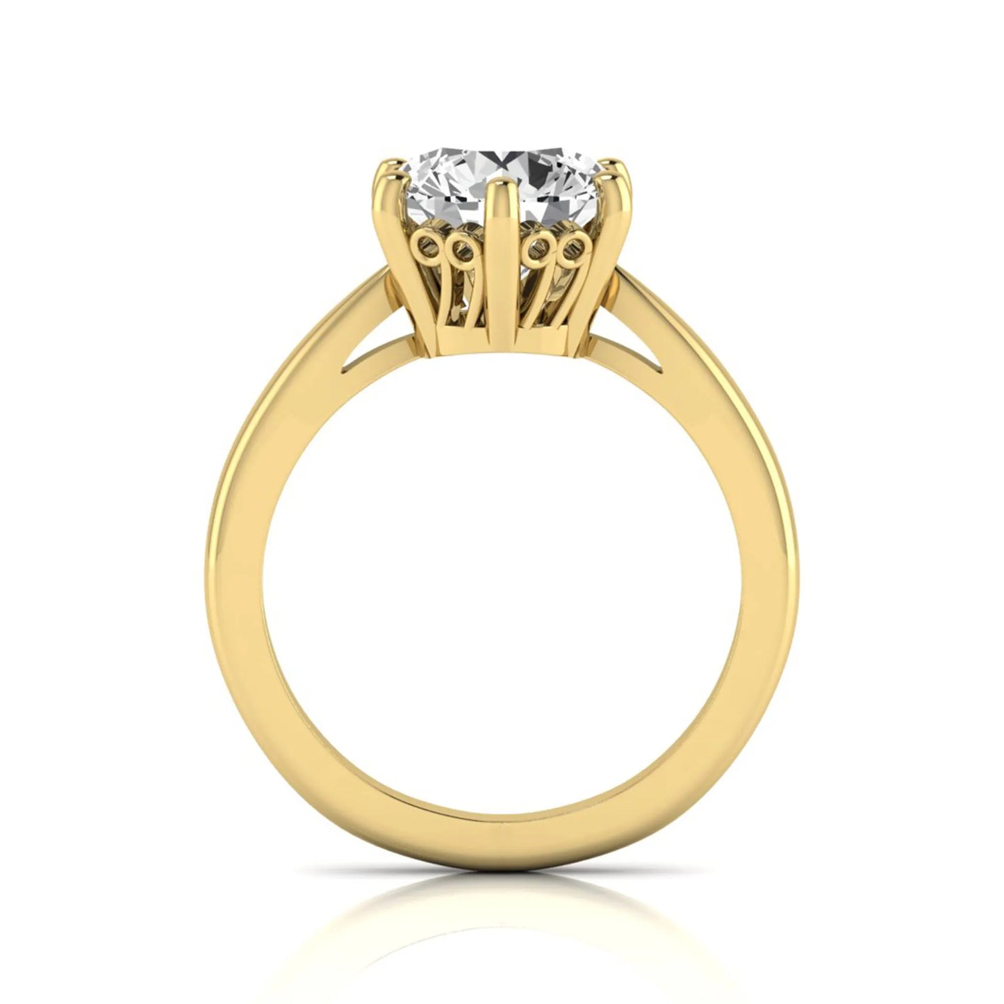 Round cut lab grown diamond solitaire engagement ring featuring a classic six-prong setting with a polished yellow gold finish band.