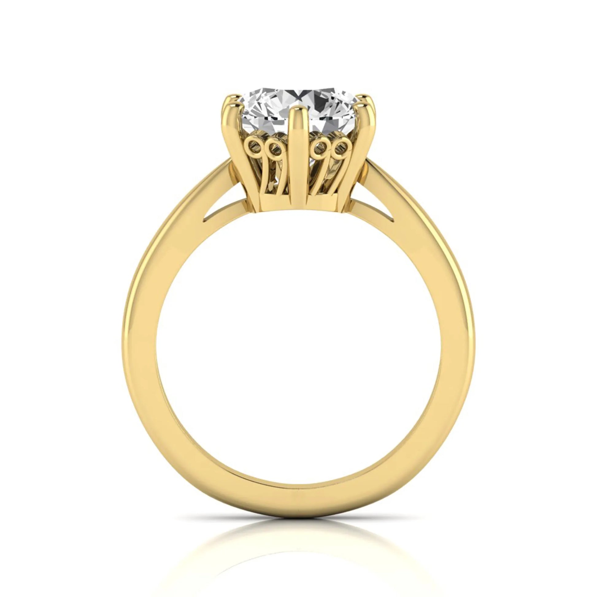 Round cut lab grown diamond solitaire engagement ring featuring a classic six-prong setting with a polished yellow gold finish band.