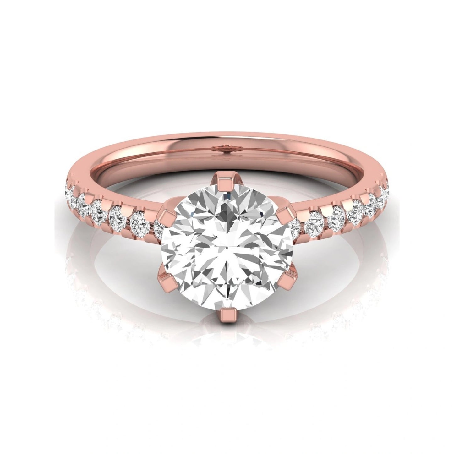 Round cut lab grown diamond solitaire engagement ring featuring a six-prong setting with a pavé diamond band in rose gold tone.