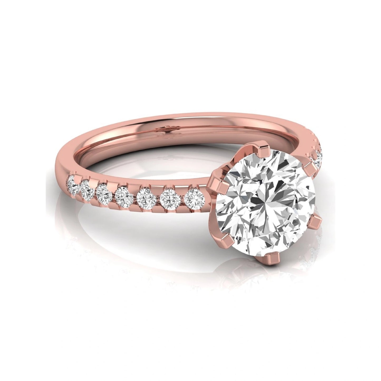 Round cut lab grown diamond solitaire engagement ring featuring a six-prong setting with a pavé diamond band in rose gold tone.